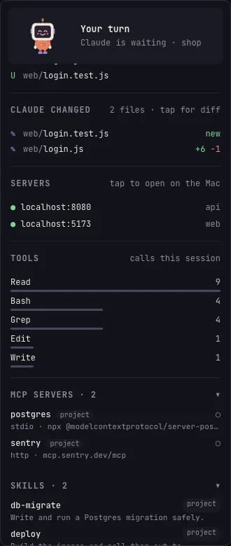 The side panel: files Claude changed, dev servers, MCP servers and skills